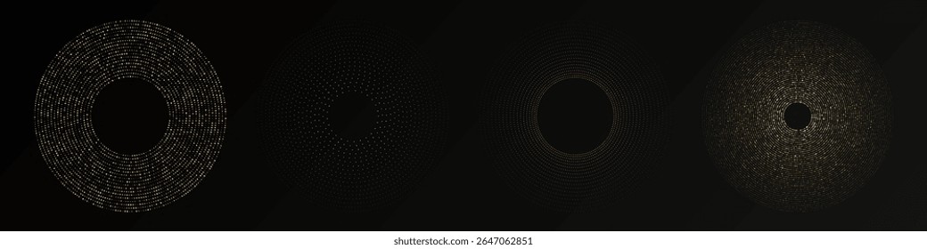 Abstrakter, goldglühender, mit einem Bildpunkt versehener Hintergrund. Set aus vier goldenen Glitzermustern in Kreisform. Kreisförmige Rasterpunkte. Vektorgrafik