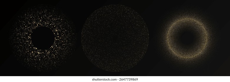 Abstract gold glowing halftone dotted background. Set of three gold glitter patterns in circle form. Circle halftone dots. Vector illustration