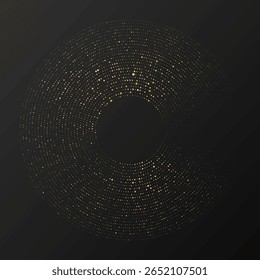 Abstractas fondo punteado de semitono brillante de oro. Patrón de brillo dorado en forma de círculo. Círculo de puntos de semitono. Ilustración vectorial