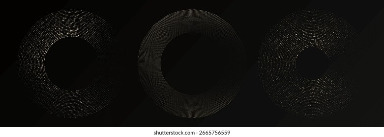 Abstract gold glowing halftone dotted background. Set of three gold glitter patterns in circle form. Circle halftone dots. Vector illustration