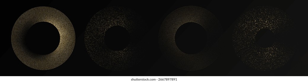 Abstrakter, goldglühender, mit einem Bildpunkt versehener Hintergrund. Set aus vier goldenen Glitzermustern in Kreisform. Kreisförmige Rasterpunkte. Vektorgrafik