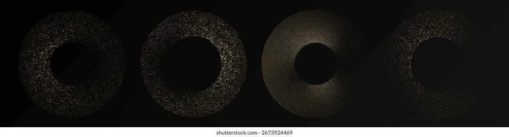 Abstract gold glowing halftone dotted background. Set of four gold glitter patterns in circle form. Circle halftone dots. Vector illustration