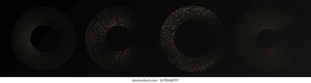 Abstract gold glowing halftone dotted background. Set of four gold glitter patterns in circle form. Circle halftone dots. Vector illustration