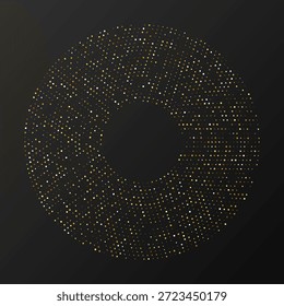 Abstractas fondo punteado de semitono brillante de oro. Patrón de brillo dorado en forma de círculo. Círculo de puntos de semitono. Ilustración vectorial