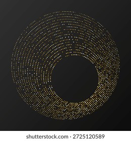 Abstractas fondo punteado de semitono brillante de oro. Patrón de brillo dorado en forma de círculo. Círculo de puntos de semitono. Ilustración vectorial