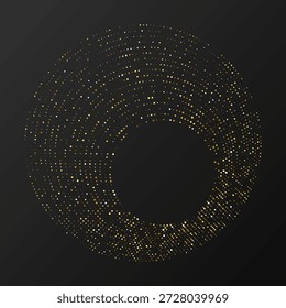 Abstractas fondo punteado de semitono brillante de oro. Patrón de brillo dorado en forma de círculo. Círculo de puntos de semitono. Ilustración vectorial