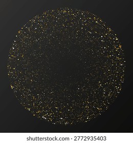 Abstract gold glowing halftone dotted background. Gold glitter pattern in circle form. Circle halftone dots. Vector illustration
