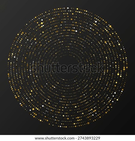 Abstract gold glowing halftone dotted background. Gold glitter pattern in circle form. Circle halftone dots. Vector illustration