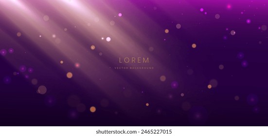 Abstract gold glowing lines on dark purple background with particles, bokeh. Vector illustration