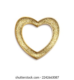 Abstract gold grain frame of heart shape with sand texture and metal smooth borders vector illustration. Yellow or golden noisy sparkles, dust and shimmers in rich symbol of love isolated on white