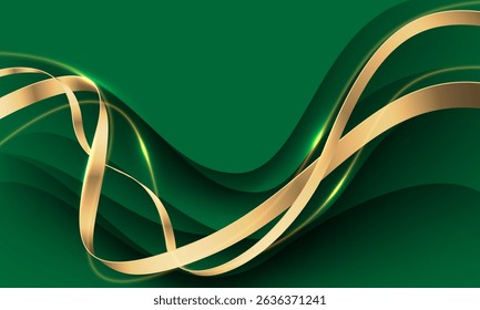 Abstract gold green ribbon curve overlap on grey luxury background vector illustration.