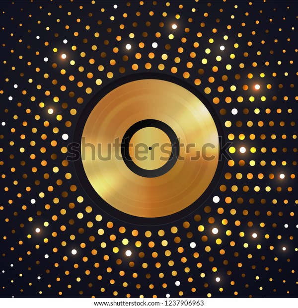 Abstract gold halftone\
circle background with Golden vinyl disc on . Music disco party\
shiny luxury banner.
