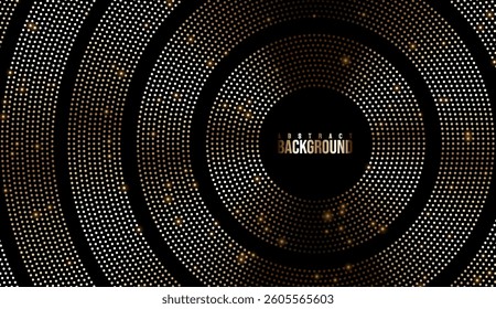 Abstract gold halftone dotted background with glowing circular glitter patterns that radiate sophistication and luxury, ideal for elegant and striking graphic designs.