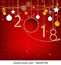 Abstract gold happy new year 2018 on  red background with empty space label for Text and  Design,vector illustration