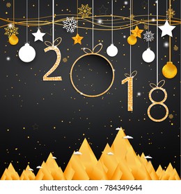 Abstract gold happy new year 2018 with gold  Mountain on black background with empty space label for Text and  Design,vector illustration