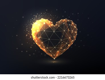 Abstract gold heart made of lines, stars isolated on black background. Precious love, values concept. Valentines Day banner. Futuristic glowing low polygonal style. Modern design vector illustration