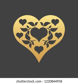 Abstract gold heart tree concept on a black background. Tree in heart.