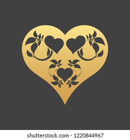 Abstract gold heart tree concept on a black background. Tree in heart.