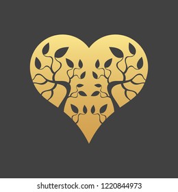 Abstract gold heart tree concept on a black background. Tree in heart.