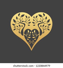 Abstract gold heart tree concept on a black background. Tree in heart.