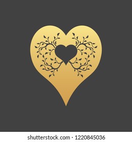 Abstract gold heart tree concept on a black background. Tree in heart.