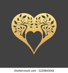 Abstract gold heart tree concept on a black background. Tree in heart.