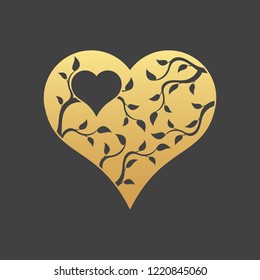 Abstract gold heart tree concept on a black background. Tree in heart.