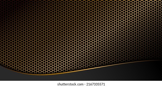 Abstract gold hexagon grid background image below with golden curved edge bands. vector illustration