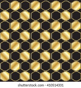 Abstract Gold Honeycomb on black background. Luxury Hexagonal cell texture. Vector illustration. Vintage style