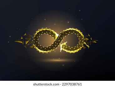 Abstract gold infinite loop made of lines and dots on black background. Abstract infinity sign. Autism acceptance symbol. Modern abstract connection design vector illustration.
