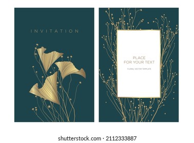 Resumen de hojas de oro y flor silvestre dibujadas en un fondo verde oscuro. Plantilla de invitación de boda en estilo de lujo. Antecedentes de la tarjeta de invitación, tienda, salón de belleza, spa.