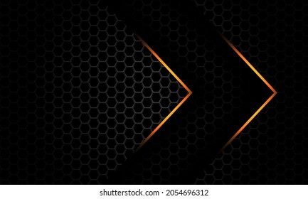 Abstract gold light arrow direction overlap on dark grey metallic hexagon mesh pattern design modern luxury futuristic background vector illustration.