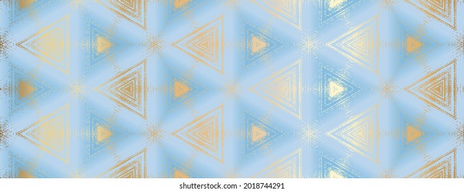 Abstract gold and light blue textured triangles pattern. Geometric ornament for design, poster, banner, packaging design, wrapping paper, wallpaper, background. Vector illustration.