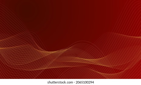 Abstract gold light lines on dark red background. Wave line vector illustration.