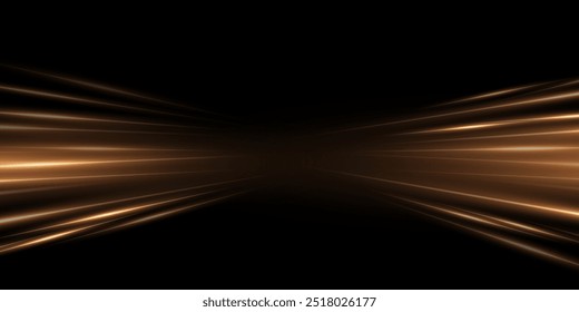 Abstract gold light speed effect lines on black background. Game shiny pattern with flowing bright orange rays on dark. Car lights on road. Modern technology vector illustration.