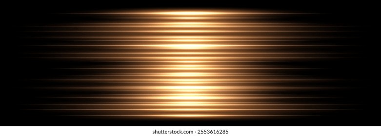 Abstract gold light speed effect lines on black background. Game futuristic shiny pattern with flowing bright orange rays on dark. Modern technology vector illustration.