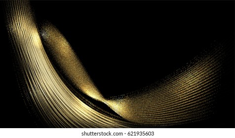 Abstract gold light waves. Shiny golden moving lines design element with glitter effect on dark background for Business card. Vector Illustration