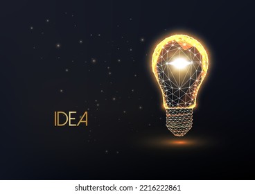 Abstract gold lightbulb made of lines and stars isolated on black background. Brilliant busines idea, solution, insight concept. Futuristic glowing polygonal style, Modern design vector illustration