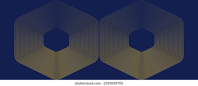 Abstract gold line  background with glowing geometric lines. Modern shiny blue hexagon lines pattern. Technology futuristic concept. Suit for poster, banner, brochure, cover, flyer. Vector illustratio