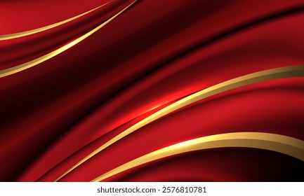 Abstract gold line curve on red wave background texture vector illustration.