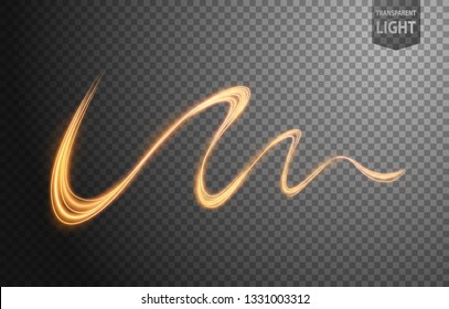 Abstract gold line of light with a transparent background, isolated and easy to edit