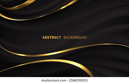 Abstract gold line ribbon curve overlap on black fabric wave design modern luxury elegant background vector illustration.