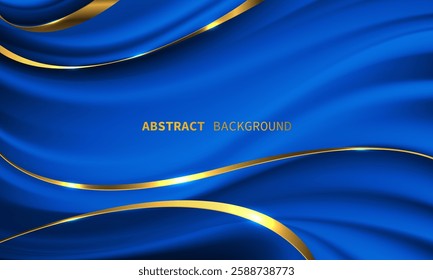 Abstract gold line ribbon curve overlap on blue fabric wave design modern luxury elegant background vector illustration.