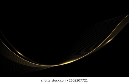 Abstract gold line ribbon curve overlap on black fabric wave design modern luxury elegant background vector illustration.