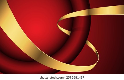 Abstract gold line ribbon spiral curve overlap on red fabric wave design modern luxury elegant background vector illustration.