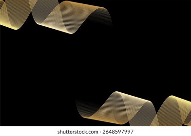 Abstract gold line swirly wave and texture in gold color with black background. Elegrant and luxury decorative design.