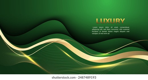 Abstract gold lines curve wavy on green luxury style design modern background vector illustration.