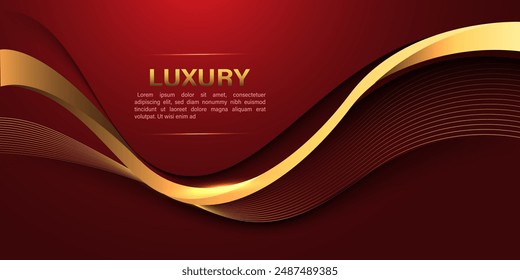 Abstract gold lines curve wavy luxury style on red design modern background vector illustration.