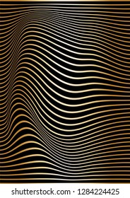 Abstract gold lines are curved on a black background. Optical illusion of concavity and curvature. Wavy vertical vector background.