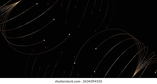Abstract Gold Lines and Dots on Black Background. A dynamic abstract design featuring swirling gold lines and small gold dots against a solid black background.